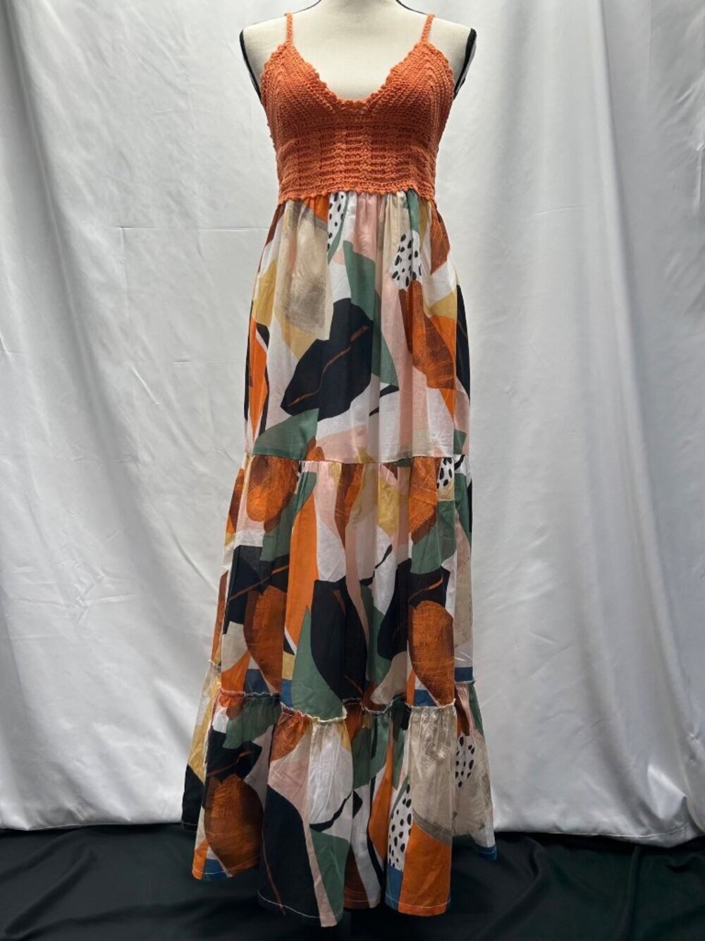 Crochet Top Maxi Dress With Abstract Multicolor Tiered Skirt NWT By Guadalupe  W